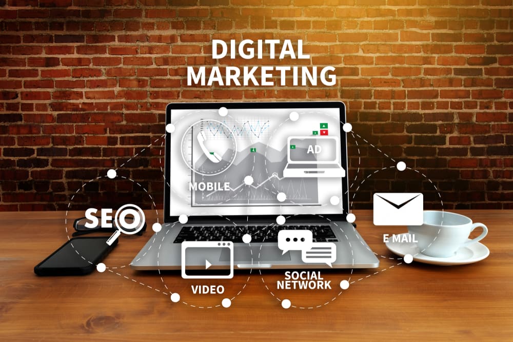 digital marketing and seo above laptop